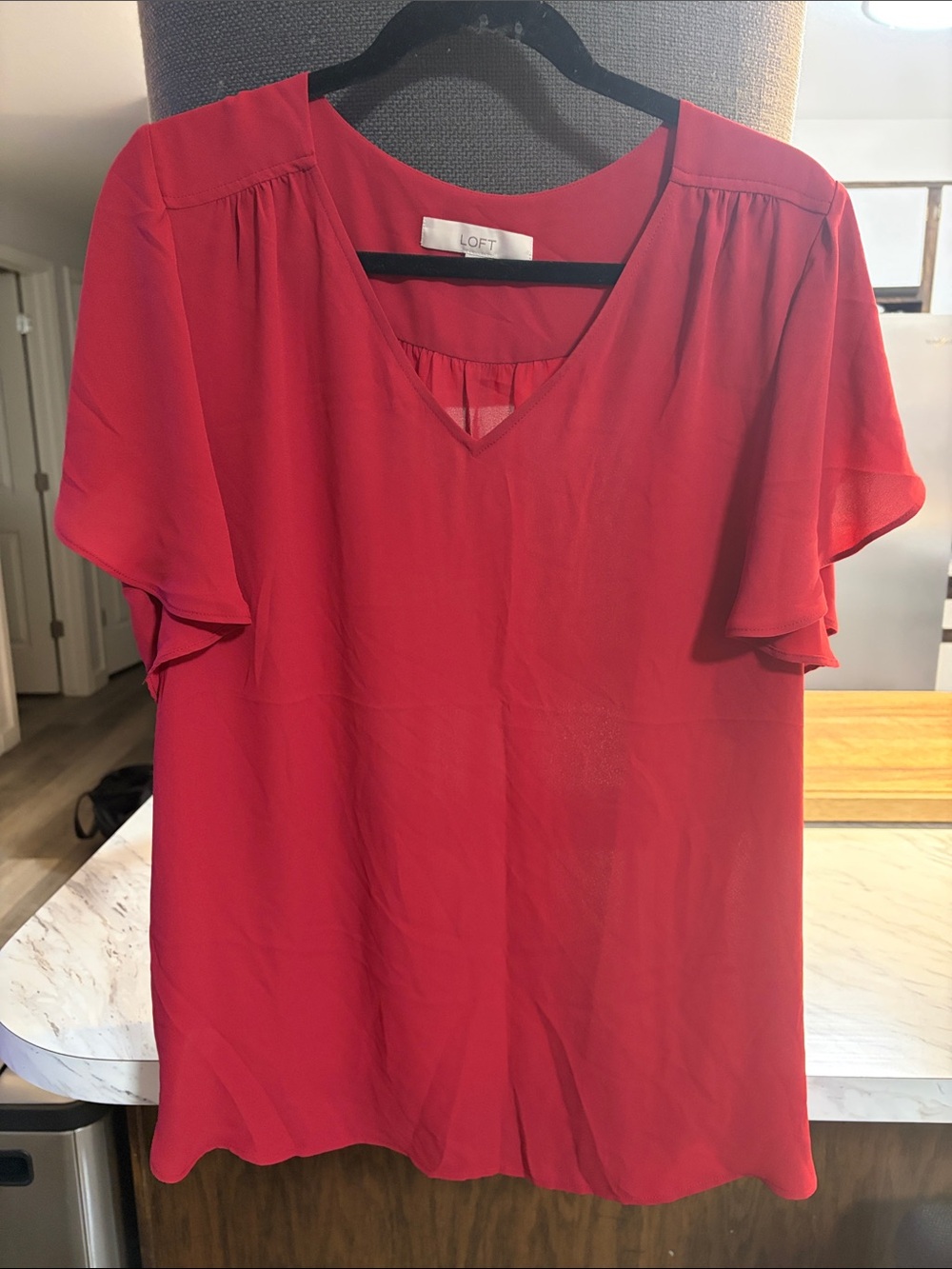 LOFT Red V-Neck Flutter Sleeve Blouse